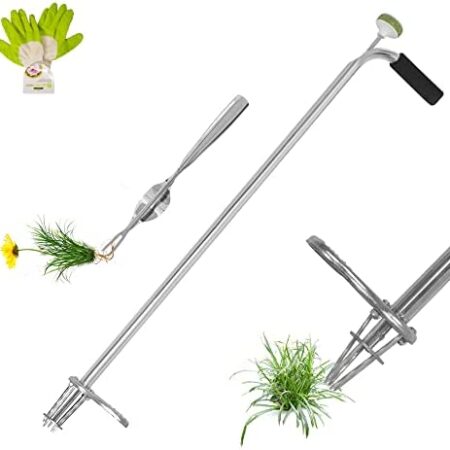ITHWIU Stand up Manual Weed Puller Hand Tool 36.2" Long with 5 Claws & Comfort Foam Grip, Stainless Steel and High Strength Foot Pedal, (Combo Pack - Stand Up Weeder & Hand Weeder & Gloves)