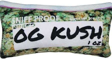 Bag-O-Weed OG Kush Ounce of Weed Parody Zip Bag - Heavy Duty Plush Dog Toy with Squeaker- Funny Print Pet Chew Toy - Stoner Gift for Small Medium and Large Dogs