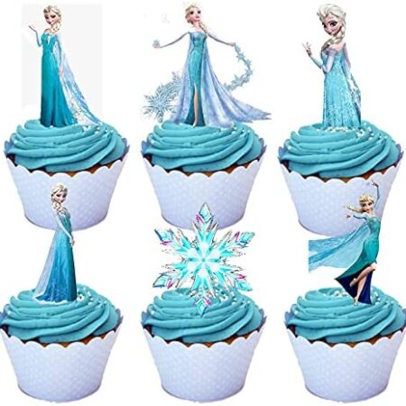 Froze_n Cupcake Toppers Princess 16pcs Edible Wafer Paper Decoration for Disne_y Party Supplies for Grils Happy Birthday Party Decorations