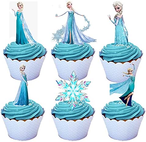 Froze_n Cupcake Toppers Princess 16pcs Edible Wafer Paper Decoration for Disne_y Party Supplies for Grils Happy Birthday Party Decorations