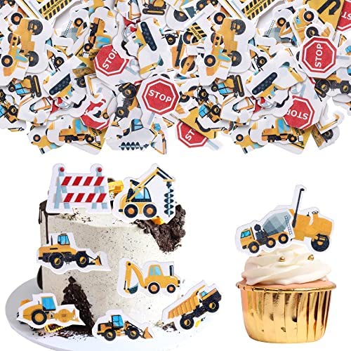 ZHUOWEISM 64 PCS Edible Construction Cupcake Toppers Truck Tractor Excavator Cake Decorations Stop Sign Dessert Decoration for Construction Baby Shower Birthday Party Food Decorations Supplies